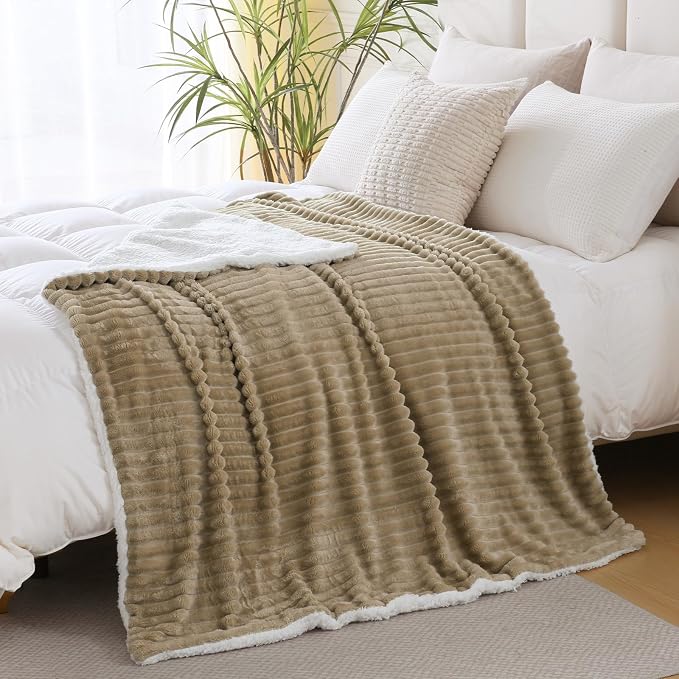 Tan Sherpa Fleece Throw Blanket 50”×60” for Couch Sofa Bed | Double Side Soft Fuzzy Cozy Plush Thick Flannel Blanket with Striped Design Gift for Adults,Woman