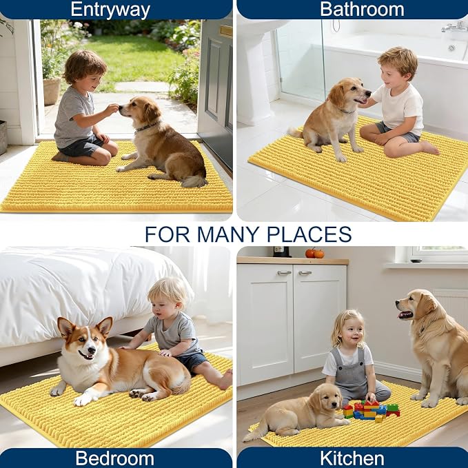 OLANLY Dog Door Mat for Muddy Paws 24x16, Extra Absorbent Chenille Mud Mat | Yellow, Absorbs Moisture and Dirt, Non-Slip Machine Washable Doormat, Quick-Drying Indoor Entryway Floor Mat for Dogs