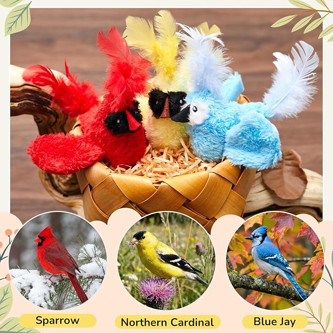 3Pcs Chirping Bird Cat Toy, 3.15'', Red Cardinal Blue Jay Style