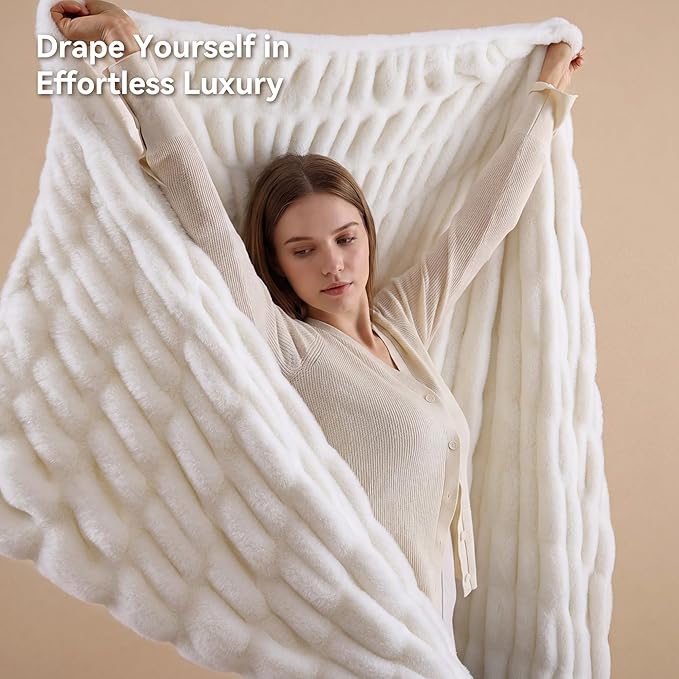 Cream White Fluffy Blanket for Couch -Luxury Faux Rabbit Fur 50"x60" | Ultra Soft & Plush Comfort Ruched Blanket, Cozy Fuzzy Fleece Throw for Sofa, Bed & Office, Gift for Women, White Room Decor