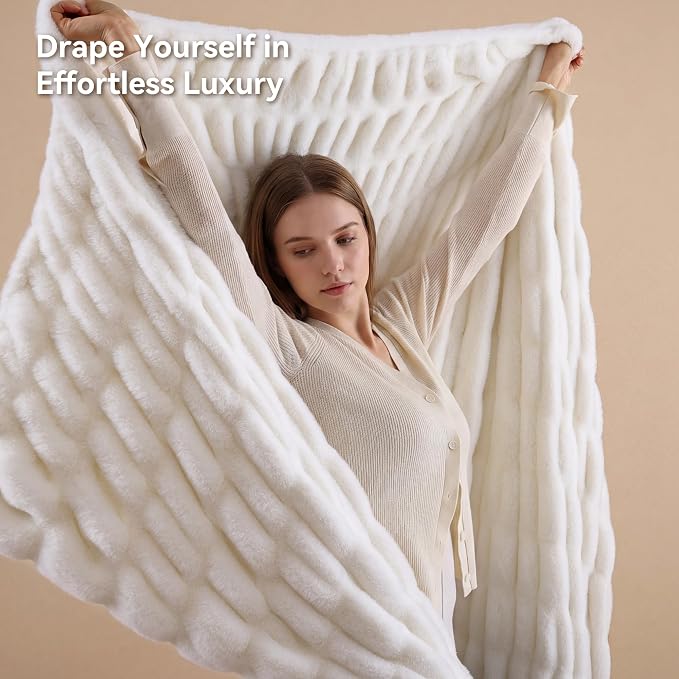 Cream White Fluffy Blanket for Couch -Luxury Faux Rabbit Fur 60"x80" | Ultra Soft & Plush Comfort Ruched Blanket, Cozy Fuzzy Fleece Throw for Sofa, Bed & Office, Gift for Women, White Room Decor
