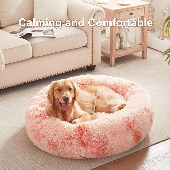 36 in Faux Fur Fluffy Donut Dog Bed for Large Dogs,Tie-dye Pink | Calming Plush Round Pet Bed with Removable & Washable Cover,Fits up to 80 lbs Pets