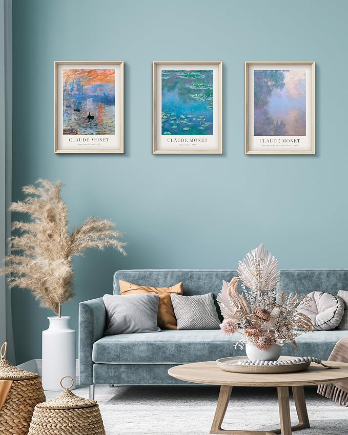 HesenDot Framed Claude Monet Water Lilies Canvas Wall Art Set of 3 12x16in | Vintage Impressionist Botanical Painting, High Framed Design Prints, Classic Wall Decor for Living Room Bedroom Bathroom