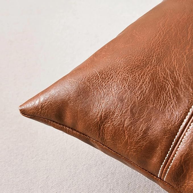 Fancy Homi Brown Boho Long Square Faux Leather Decorative Throw Pillow Covers 26x26 Inch for Living Room Couch Bed Sofa, Hand Stitched Cushion Case, Rustic Modern Farmhouse Home Decor