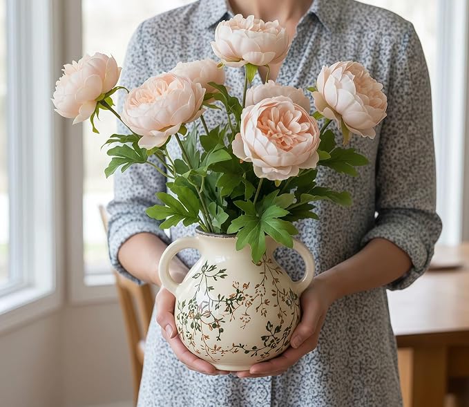 LIFFY Vintage Pastoral Vase with Handles, Retro Ceramic Flower Vase, Green and Beige Rustic Farmhouse Vases Chinoiserie Floral Large Vase for Home Decor, Living Room, Kitchen, Bedroom 6.3 Inch