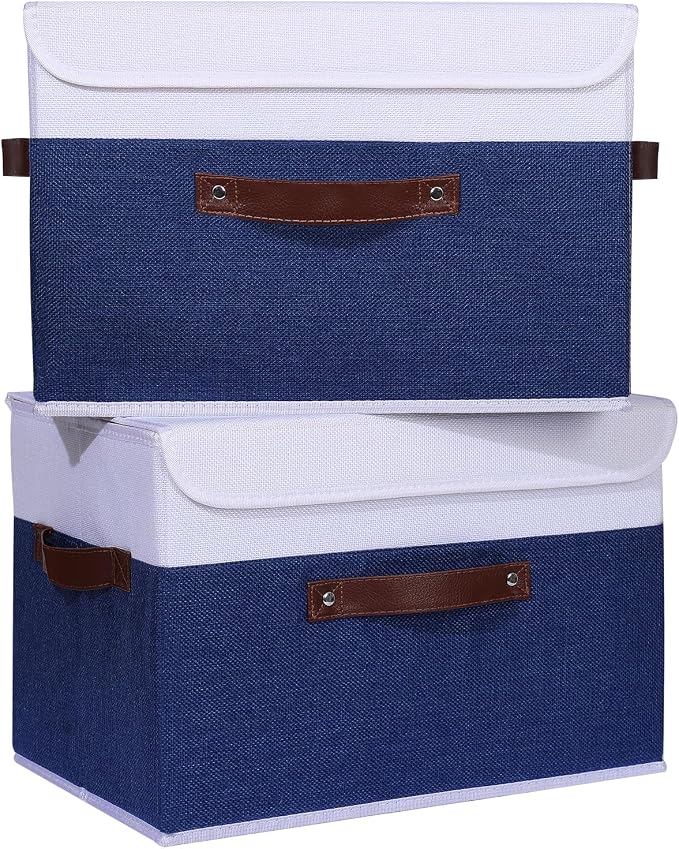 ANMINY Fabric Storage Box Bins with Lids, Blue White, 15"x10"x10", 4 Pack | Keepsake Memory Storage, Cotton Linen, PP Board Reinforced, Washable, PU Handles, Foldable & Stackable, Decorative, Large
