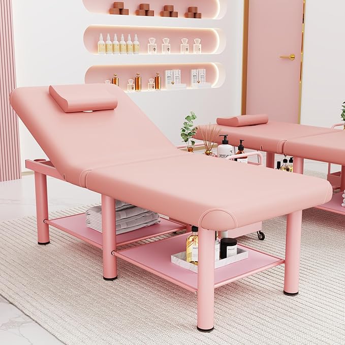 pouseayar Pink Stationary Massage Table Folding Bed with Backrest & Storage Space for Treatment Table Physical Therapy Table Spa Facial Bed, Metal Frame PU Leather, 30.5'' Wide × 75'' Long