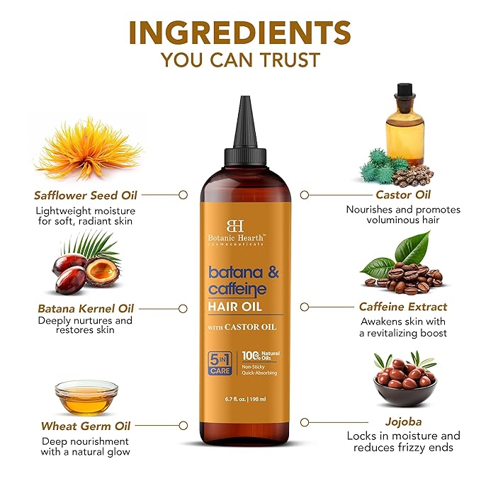 Botanic Hearth Hair Oil for Hair Growth & Hair Treatment Oils | Strengthening Dry, Frizzy, Damaged Hair & Scalp Treatment | Batana & Caffeine Hair Oil – 6.7 Fl Oz