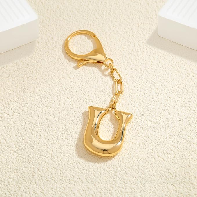 WOWORAMA Initial Letter Keychain for Women Chunky Gold Bubble Letter Bag Charm Purse Charm Personalized Keyrings Accessories