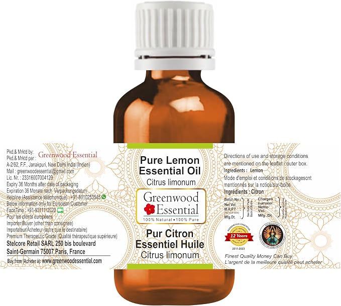 Greenwood Essential Lemon Essential Oil (Citrus limonum) Pure | Non-Sticky | Non-Greasy | Lightweight | Men & Women | All Skin Types | Steam Distilled 30ml (1 oz)