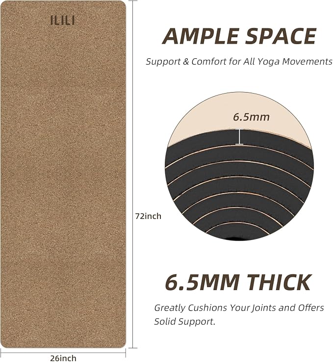 ILILI Eco-Friendly Cork Yoga Mat 1/4 inch Thick, 72''L*26''W, Non Slip Lightweight Cork and TPE Soft Exercise & Fitness Mat, Ideal for All Types of Yoga, Home, Gym & Studio Workouts