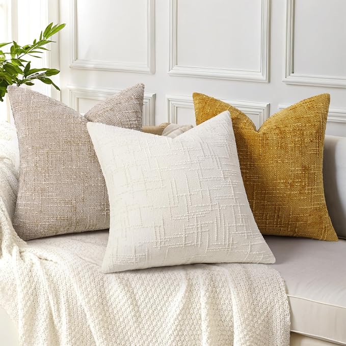 decorUhome Textured Chenille Throw Pillow Covers 22x22 Set of 2 Yellow | Fall Modern Farmhouse Soft Cozy Slubby Couch Pillow Cases Boho Decorative Pillow Cases for Bed Sofa Living Room Home Decor