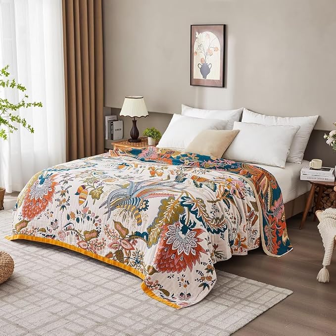 Boho Throw Blanket Farmhouse Decor Throw Blanket Bohemian Blanket for Bed 100% Cotton Muslin Woven Couch Blanket All Seasons Quilt Bedroom (J-Beige, 50"x60")