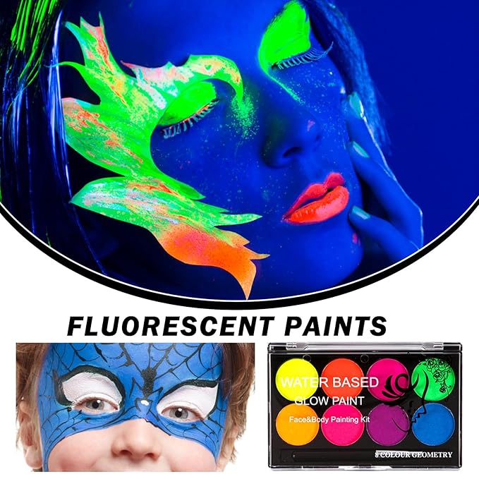 8 Colors Neon Face Paint Glow in The Dark UV Blacklight Body Paint Professional Water Activated Face Paint for Adults Kids Halloween Makeup