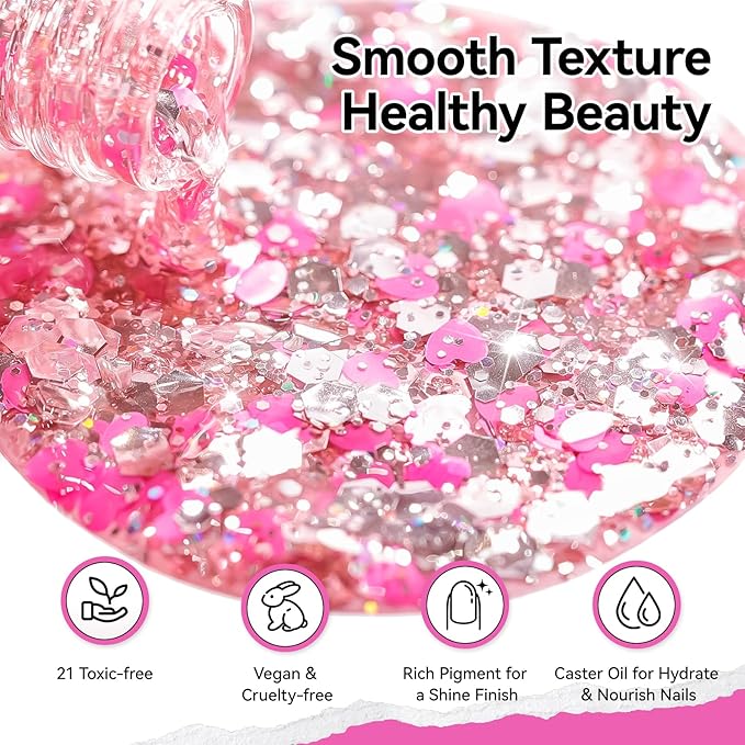 Nail Polish Hot Pink Hearts Confetti Regular Nail Polish, Quick Air Dry, Non-gel, Rich in Castor Oil, Vegan Cruelty-free Sparkle Nail Art DIY Home Travel Manicure Gift for Women Girls