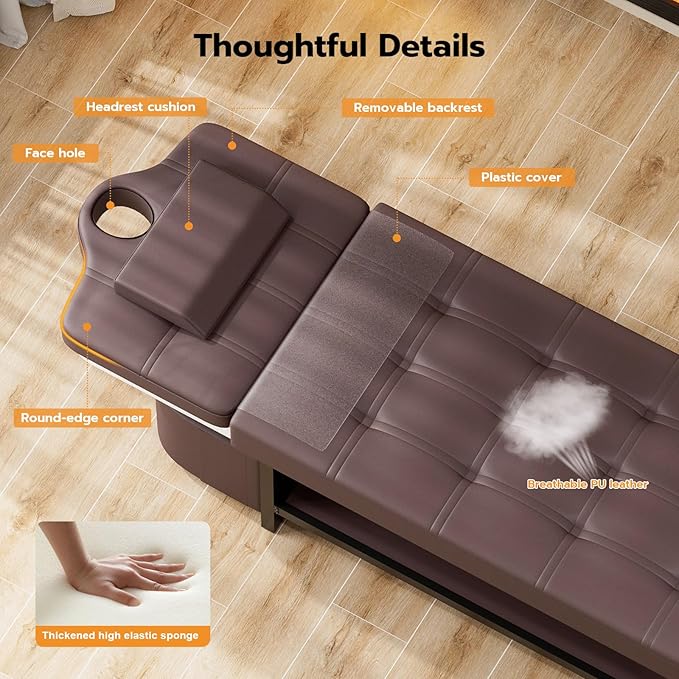 SyyBhb 2-in-1 Shampoo and Massage Bed with Waterfall Head Spa Equipment and Storage, Suitable for Barbershops Beauty Salon Spa Treatment Therapy Home Use, Brown