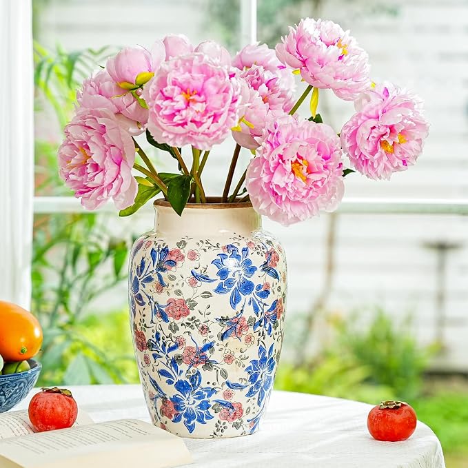 Sungmor Ceramic Flower Vase, Vintage Blue Ice Cracked Glaze Porcelain Vase | Pretty Home Decor Vase for Flower Arrangement, Fresh Flowers, 10.2 Inch Tall Chinoiserie Pottery Vase, Green Floral Pattern