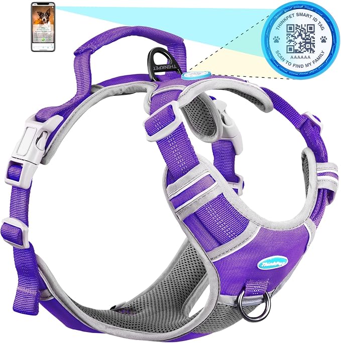ThinkPet No Pull Harness Breathable Sport Harness with QR Code Dog Tag Reflective Dog Harnesses Smart ID Tagwith Handle Adjustable for Medium Large Dogs Back/Front Clip for Easy Control L Purple