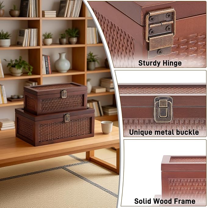 Decorative Box, Vintage Memory Box for keepsakes, Rattan Decorative Storage Boxes with Lids Set of 2, Wedding Keepsake Box for Crafts, trinket and Photo, Home Decor