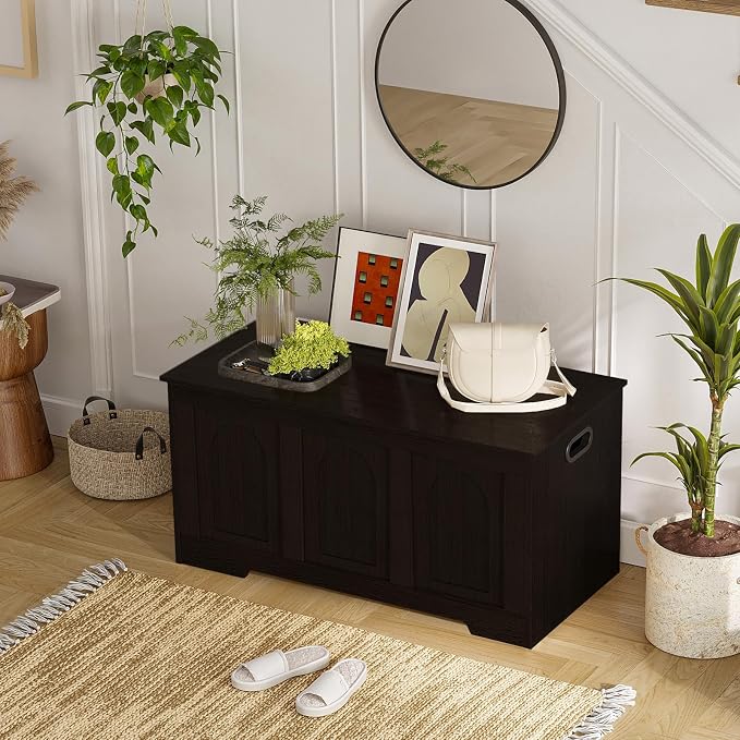 Storage Chest, Wooden Toy Box, Espresso 39.4" L | Entryway Shoe Bench, 2 Soft-close Hinges, Finger-safe Flip-Top Lid, Easy Assembly, Farmhouse Large Trunk, Living Room/Bedroom