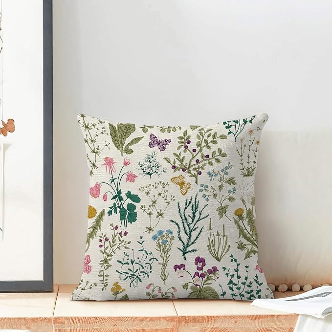 AEIOAE Spring Pillow Covers 22x22 Inch Set of 2,Sage Green Teal Wild Flower Plant Throw Pillows Case,Seasonal Floral Outdoor Decorative Linen Farmhouse Decor Cushion Covers for Home Sofa Bed Couch