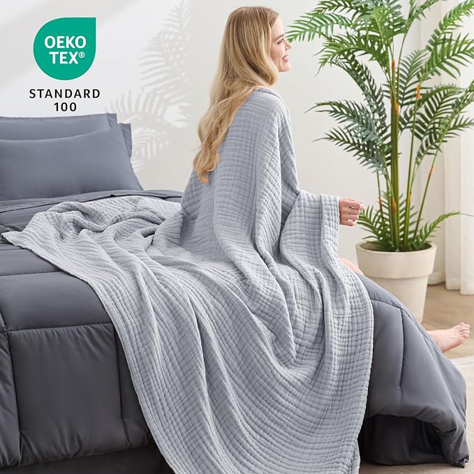 Love's cabin 100% Cotton Muslin Blanket, 6 Layer Lightweight Breathable Gauze King Size Blanket 108 x 90 Inches, Soft Summer Blanket for Bed, Light Grey