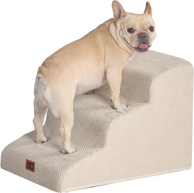 EHEYCIGA Curved Dog Stairs Ramp, 3-Step Dog Steps, 15.8" H Pet Step | 34D density of pure foam, for Small Dogs and Cats, Pet Stairs for High Bed Climbing, Non-Slip Balanced Indoor, Beige