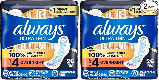 Always Ultra Thin Pads for Women, Size 4 Overnight Absorbency, Unscented with Wings, 26 Count (Pack of 2)