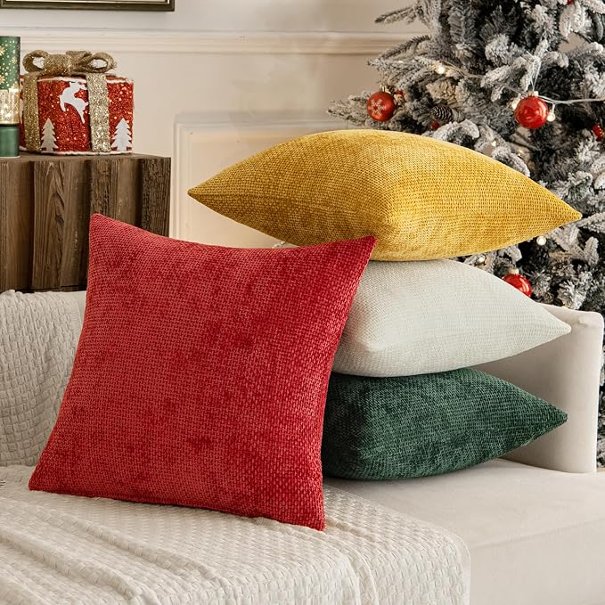 MIULEE Decorative Chenille Pillow Covers Christmas Green 18x18 Pack of 4 | Christmas Home Decor, All Same Green Color Set, Couch Throw Pillows, Farmhouse Boho Cushion Covers for Sofa Bed Living Room