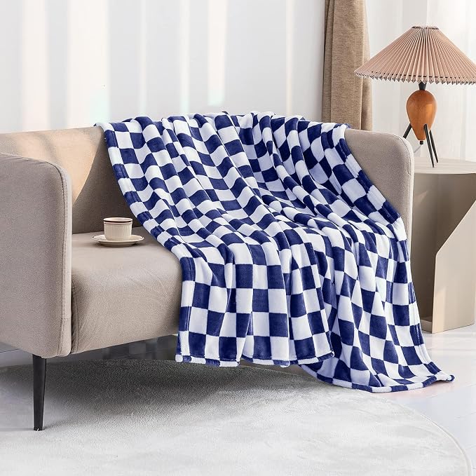 LOMAO Throw Blankets Flannel Blanket with Checkerboard Grid Pattern Soft Throw Blanket for Couch, Bed, Sofa Luxurious Warm and Cozy for All Seasons (Dark Blue, 60"x80")