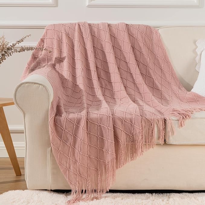 BATTILO HOME Blush Throw Blanket with Tassels, Pink Knit Blanket for Home Decor, Boho Style Textured Knitted Decorative Blanket for Couch, Sofa &Bed, 50"x60"