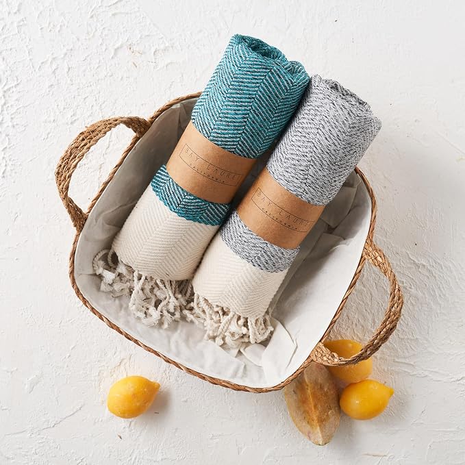 BAY LAUREL Turkish Hand Towel – Pack of 2 | Soft & Absorbent Decorative Towels for Bathroom, Hand, Face, Hair, Gym, Yoga, SPA, Kitchen & Tea | Boho Decor (Gray, Herringbone 16x40 Inches (Set of 2)