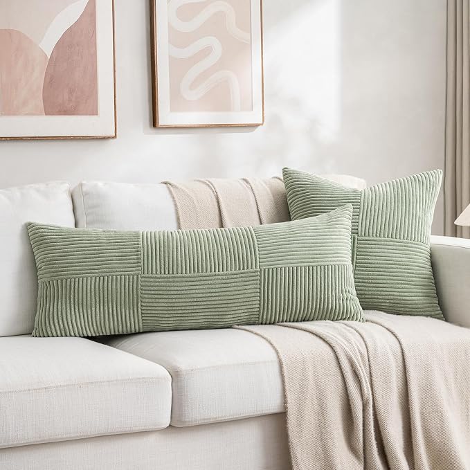 Fancy Homi Set of 1 Sage Green Boho Long Lumbar Body Decorative Throw Pillow Cover 14x36 Inch for Bed Couch Bedroom Bench, Soft Patchwork Corduroy Textured Pillow Case, Rustic Farmhouse Room Decor