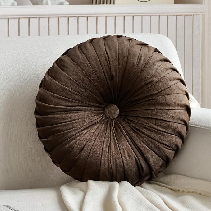 Teieas Round Throw Pillow Velvet Pleated Round Pillow Cushion | Boho pumpkin bed pillows,floor pillow for live room,couch,chair,bed, car,home decoration brown 14.96''