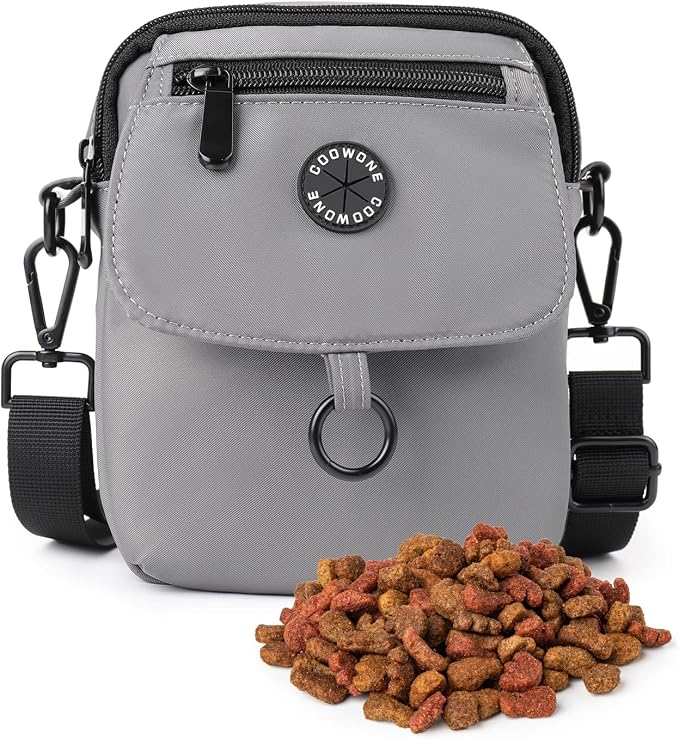Dog Walking Bag Crossbody Waterproof & Lightweight Treat Pouch for Pet Training, Puppy Treat Tote, Dog Mom Purse (Gray 1.0)