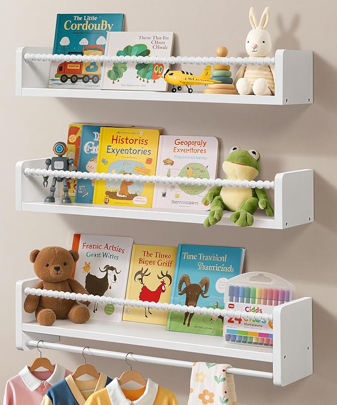 Maxpeuvon Kids Bookshelves for Wall, 23 Inch White Floating Shelf Set of 3 | Natural Wood Nursery Shelves with Towel Bar, Wall Storage for Books, Toys and Decor, for Kids Room, Bedroom, Living Room