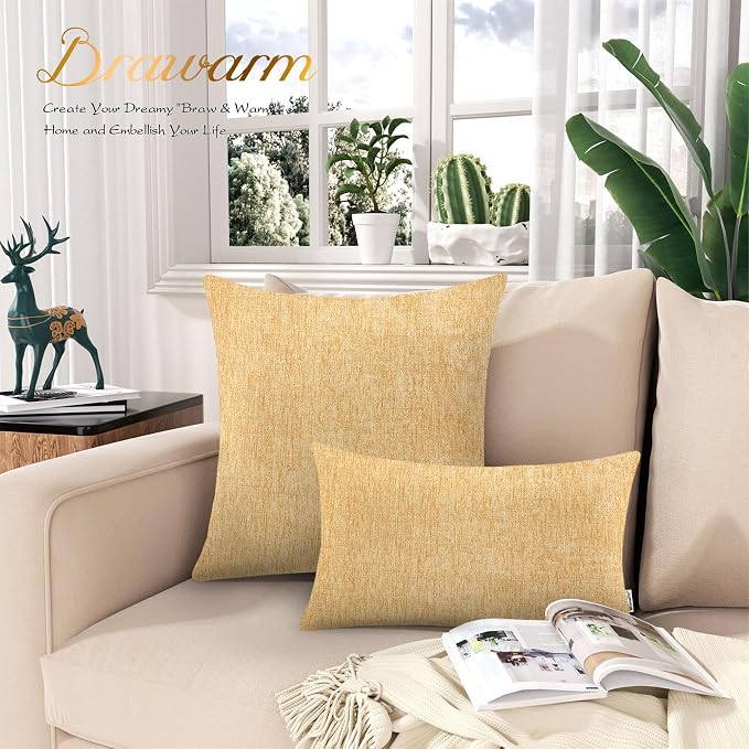 BRAWARM Throw Pillow Covers 22x22 Inches - Gold Chenille Pillow Covers Pack of 2, Solid Dyed Soft Chenille Pillow Cases for Couch Sofa Bed Home Decoration