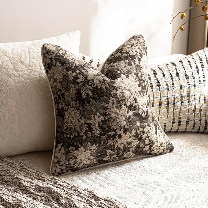 Pack of 2 Vintage Floral Throw Pillow Covers 16x16 Boho Farmhouse Accents Chenille Square Decorative Pillow Cases for Living Room Couch Bed Home Decor, Grey