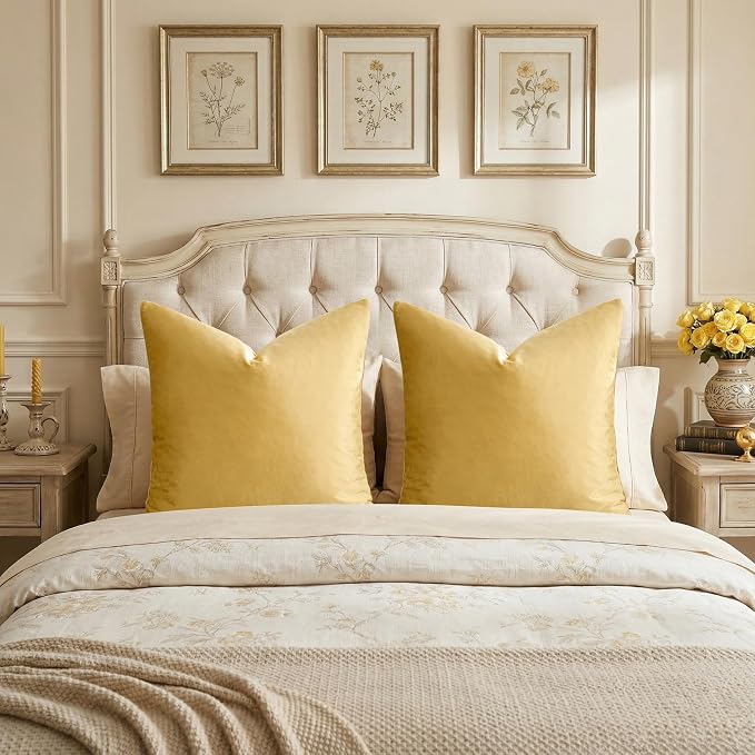 GIGIZAZA Yellow Velvet Pillow Covers 26x26 Decorative Pillows Pack of 2 | Throw Pillows for Couch,Euro Sham,280gsm Soft Textured Fabric,Modern Pillowcases,Luxury Cushion Covers