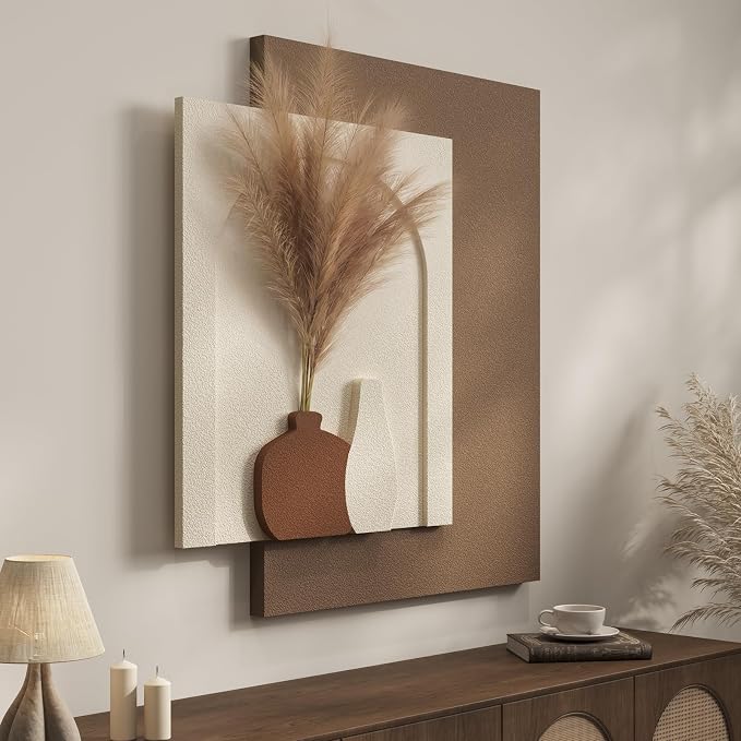 Cuspin Boho 3D Textured Neutral Wall Art, Abstract Beige Brown Artwork for Walls with Pampas, Modern Minimalist Wall Decor for Living Room Bedroom Dining Room Hallway Entryway