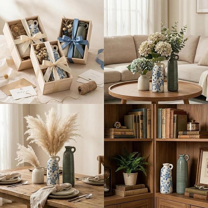Ceramic Vase Sets, Flower Vases for Farmhouse Decoration, Modern Home Decor, Living Room Kitchen Table Centerpieces, Shelf, Mantel, Fireplace and Entrance Decorations.