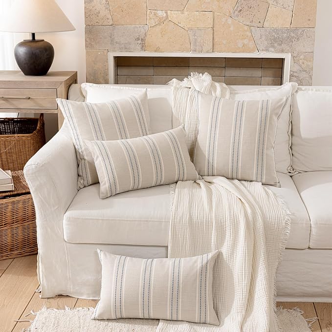 Hckot Stripe Throw Pillow Covers 26x26 Large Square Dusty Blue Pillow Cover | Farmhouse Decorative Pillows Textured Linen Euro Sham Cushion Covers for Sofa Couch Bed Living Room Decor