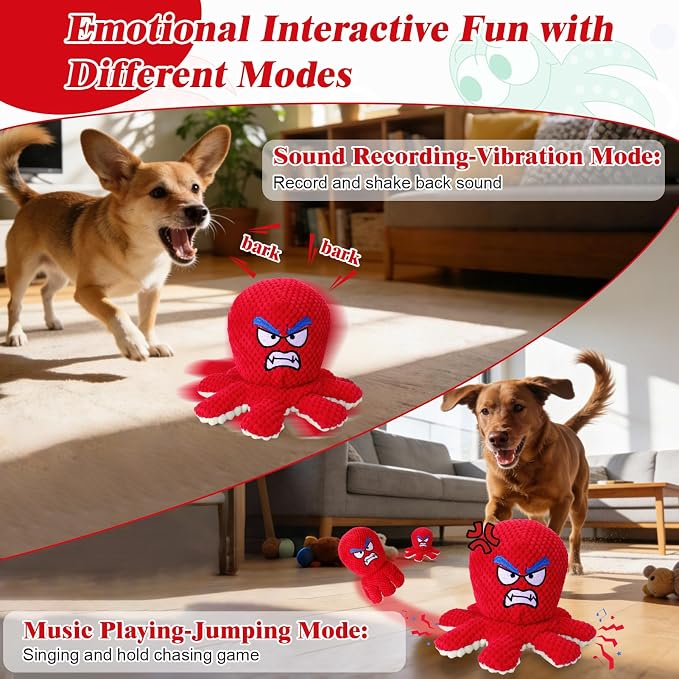 Mity rain Interactive Dog Toys with Thicken Plush, Moving Dog Toy | with Recording Mode Shaking & Singing Mode Bouncing, Funny Ball Jumping to Keep Them Busy & Chase, Rechargeable (Octopus)