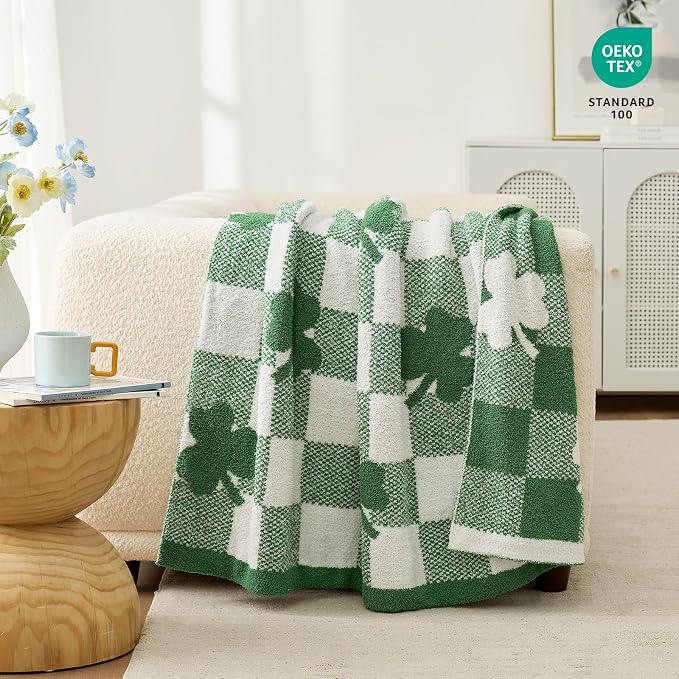 Snuggle Sac St.Patrick's Day Blanket, Lucky Spring Green Clover Shamrock Irish Throw Blanket, Soft Cozy Fuzzy Reversible Checkered Blanket for Couch Sofa Chair, 50x60 inches