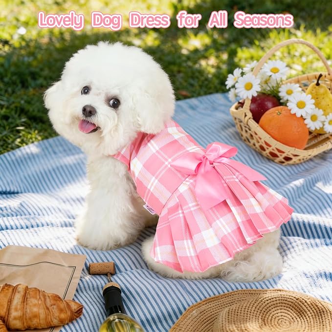 XPUDAC 4 Pack Plaid Dog Dress for Small Dog, Sweet Bowknot Cute Puppy Dress Pet Princess Clothes for Birthday Holiday Spring Summer Pet Outfits Girl Pink Purple, XL