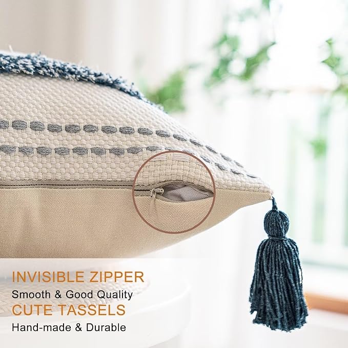 BUIOVBEY Boho Throw Pillow Covers Woven Tufted Pillow Cases with Tassels | Farmhouse Pillow Covers 20x20 Set of 2 Textured Striped Cushion Case Neutral Decorative Pillowcase for Sofa Couch Dark Blue