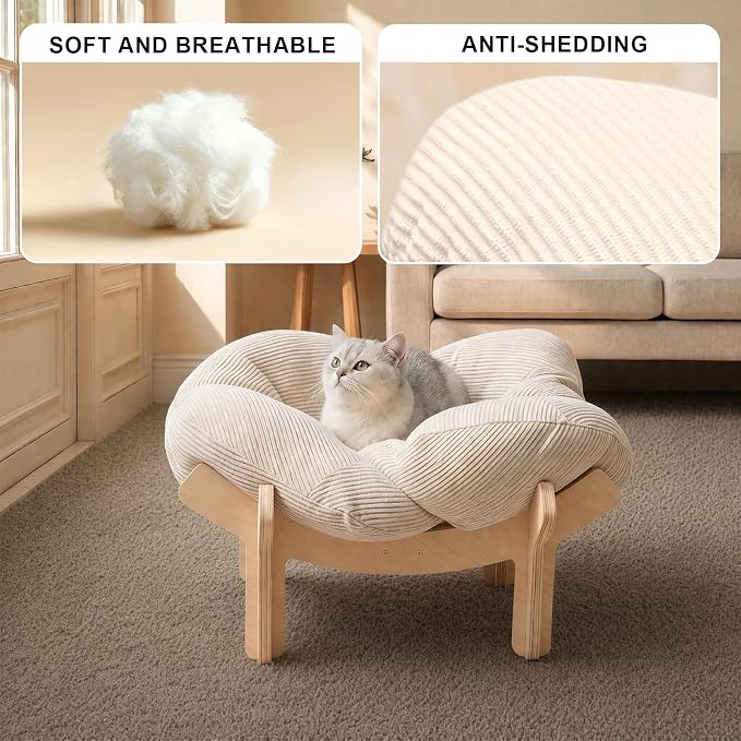 Elevated Flower Cat Bed Wooden Removable Cushion for Indoor Cats Small Dogs | Pet Couch Sofa with Fluffy Cushion, Raised Kitty Lounge Chair Suitable for Puppy, Modern Cat Furniture (White)