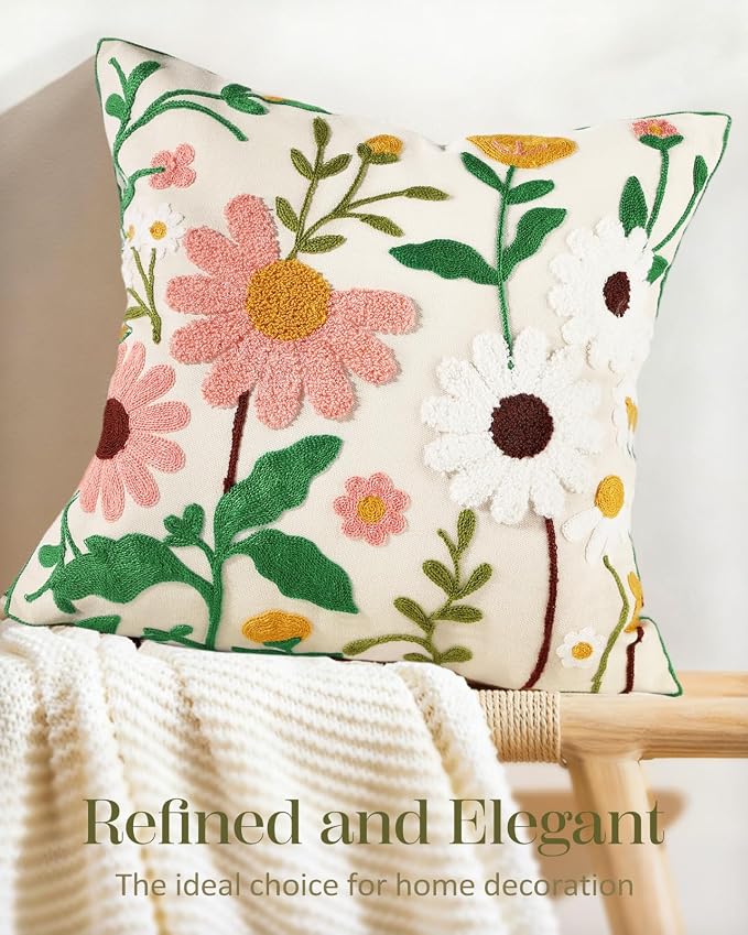 Embroidered Throw Pillow Cover - 18x18 Decorative Pillow Cover with Zipper Aesthetic Cute Design Boho Spring Summer Cozy Throw Pillowcase for Living Room Couch Sofa Bed, Pink White Flower