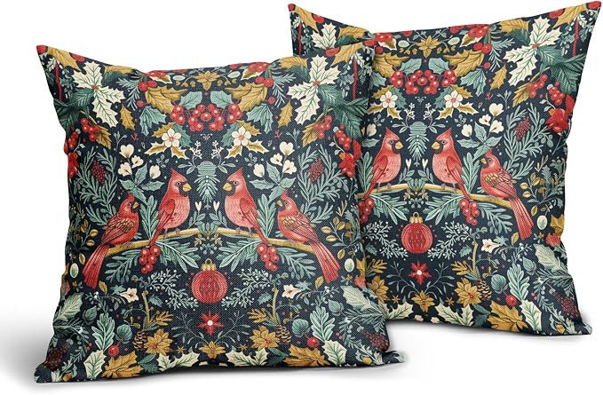 Christmas Pillow Covers 20X20 Inch Cardinal Red Birds Berry Leaves Decorative Pillow Cases Set of 2 Xmas Holiday Throw Pillows Home Decor for Sofa Couch Cushion Outdoor