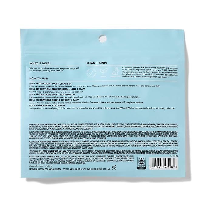 e.l.f. Skin Holy Hydration! Jet Set Travel-Friendly Hydrating Skincare Kit with Cleanser, Balm, Moisturizer, Eye & Night Cream, Vegan & Cruelty-Free
